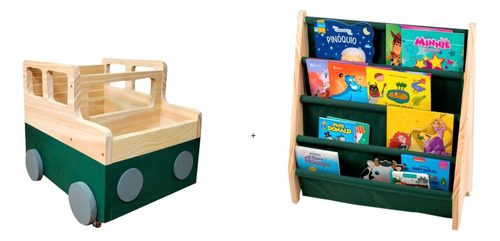 Kit Organizadores, Caixote Jeep + Rack Para Livros Infantil