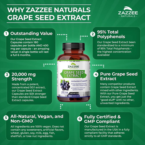 Zazzee Extracto De Semilla De Uva 20.000 Mg De Fuerza, 180 C
