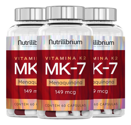 Kit 3x Vitamina K2 Mk7 Menaquinona 149mcg 180 Cápsulas Sabor Sem Sabor