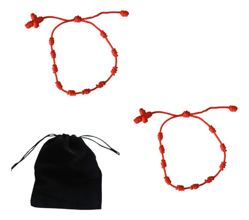 2 Pulseras De Hilo Rojo 10 Nudos Y Cruz Decenario Proteccion