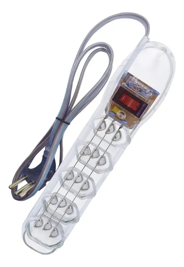 Filtro de Linha 5 Tomadas Bivolt DPS Transparente Protetor contra surtos elétricos 1 metro Plug 90 Graus 10A