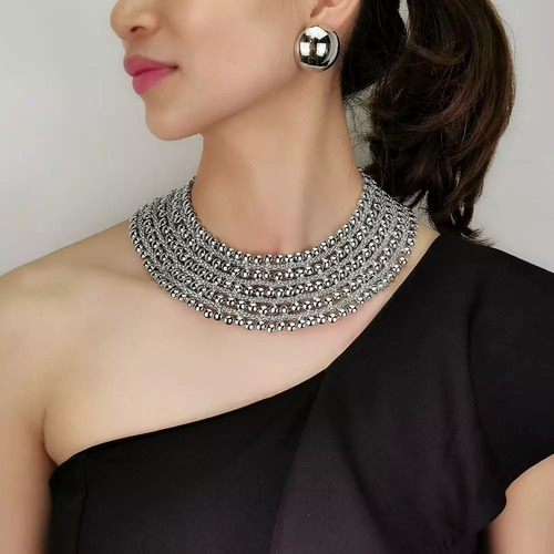 Imagen 7 de 9 de Set Collar Africano Con Aros Botón Tuerca. Acero Inoxidable