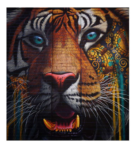 Vinilo 30x30cm Tigre Grafiti En Pared Diseño Color Arte