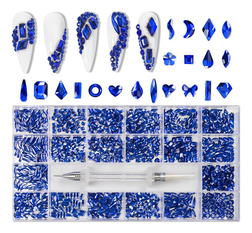 Madeshow Nail Art Rhinestones, 1000 Diamantes De Forma Especial, Mezcla De 20 Estilos De Cristales Planos Rhinestone Decorativo Azul Gemstone Set, Nail Gemstone And Rhinestone Set