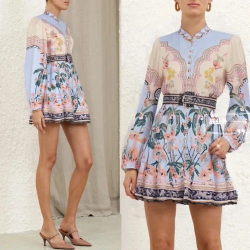 Vestido Estampado Retro Con Botones De Flores Y Cuentas