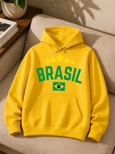 Moletom Canguru Brasil  Copa Unissex Blusa De Frio Flanelado M Amarelo