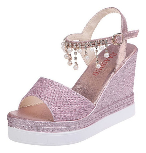 Sandalias Para Dama Summer Fashion Perla Strass Cuña Rosa