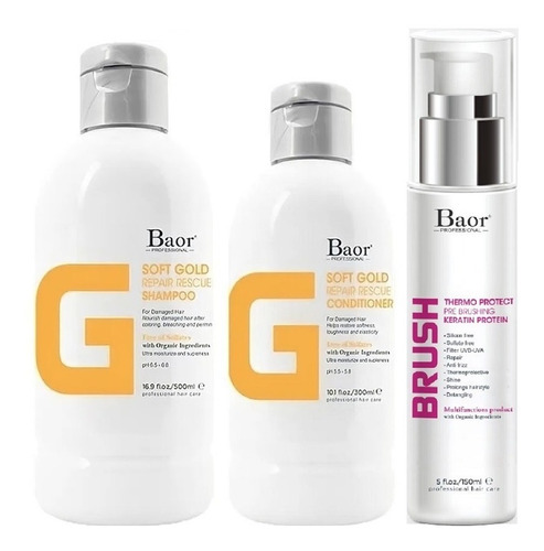 Shampoo Reparador + Acondicionador + Brush Baor G Soft Gold