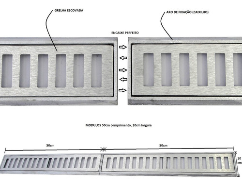 Ralo Grelha Retangular Com Suporte 10x100 Cm Coleta De Agua
