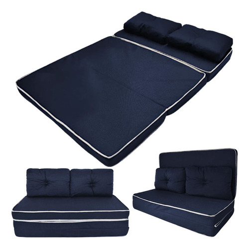 Sofa Puff Cama Colchão De Casal Dobrável Portátil Azul