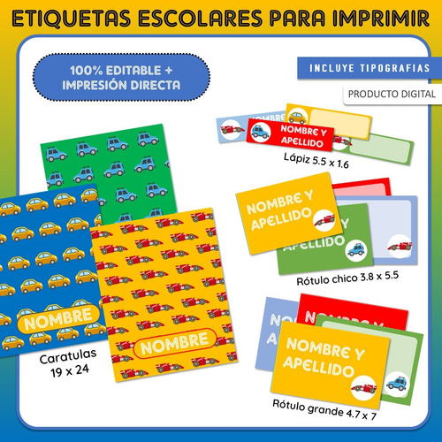 Pack Imprimible Etiquetas Escolares Autos