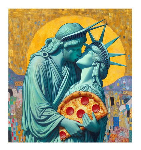 Vinilo 30x30cm Estatua Libertad Comiendo Pizza Klimt