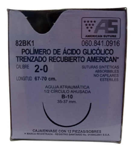 Hilo Sutura Acido Glicolico Trenzado 2-0 67cm B-10 American