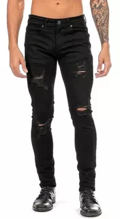 Jeans Rotos Mezclilla Stretch Negro Hombre