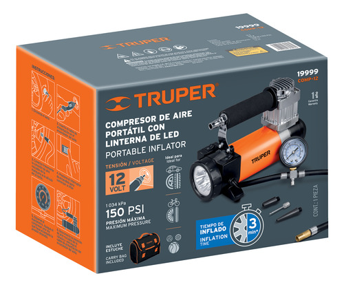 Compresora Portátil Para Llantas, 12v, Con Maletín, Truper