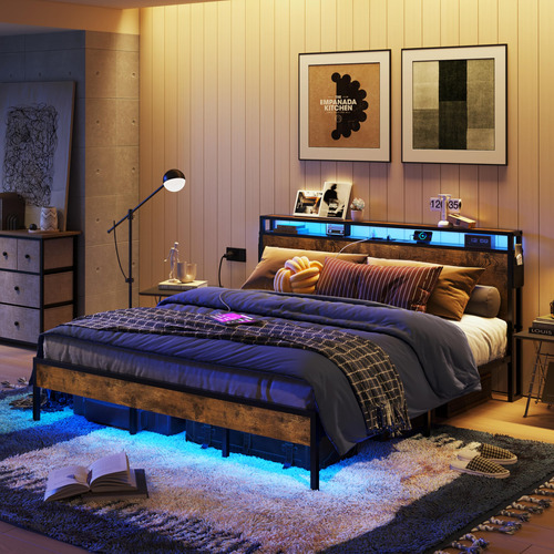 Base De Cama King Con Almacenamiento Carga Led Y Montaje Sen