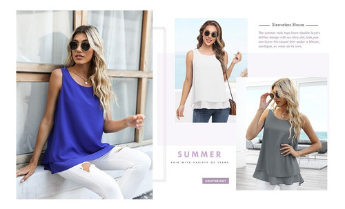 A Blusa Casual De Doble Capa De Chifón Sin Mangas Para Mujer