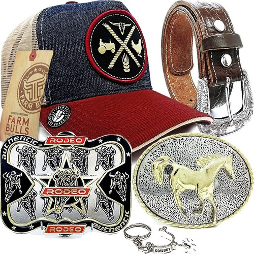 Kit Country Cinto De Couro Masculino + 3 Fivelas Rodeo Bone 