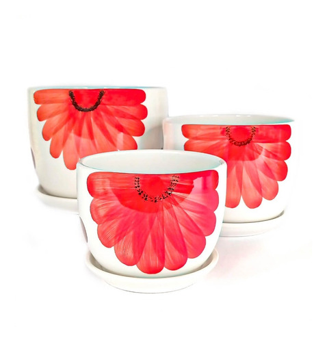 Set De Tres Maceteros Blancos Diseño Flores Rojas