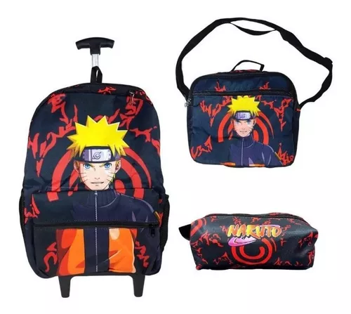 Kit Mochila De Rodinhas Grande Menino Naruto Aula + Toalha