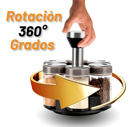 Especiero Giratorio Moderno 360 Kimhi Con 6 Frascos De Vidrio Acero Inoxidable Organizador De Especias Multiusos Para Cocina Color Negro