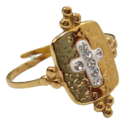 Anillo Ajustable Con Placa Y Cruz Acero Inoxidable Dorado