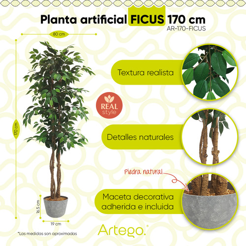 Planta Artificial Moderna Con Maceta Decorativa Real Style Ficus Grande De 170cm De Alto Artego Para Hogar Sala Comercio Oficina