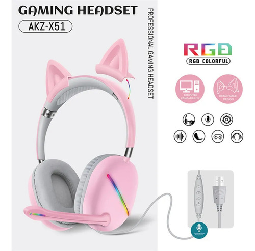 Audifonos Diadema Gamer Usb Orejas De Gato Cat Akzx51 Rosado
