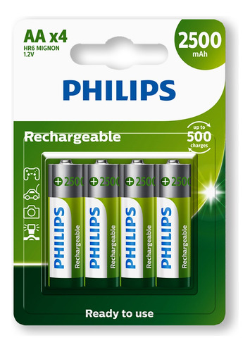 04 Pilhas Aa 2500mah Recarregável Philips 1 Cartela