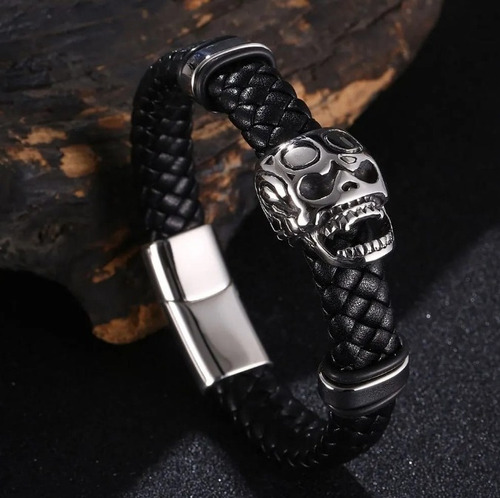 Pulsera De Cuero Y Acero Para Caballeros