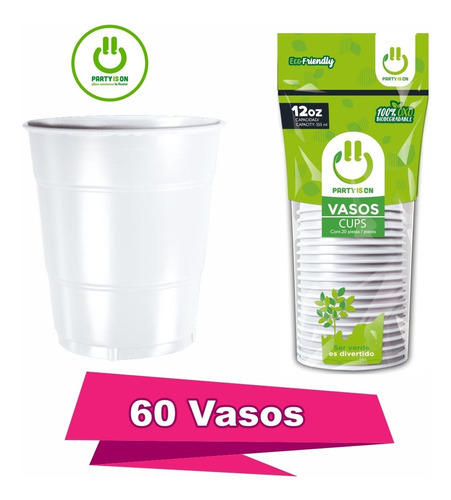 60 Vasos De Plástico Desechable Party Is On Color Blanco