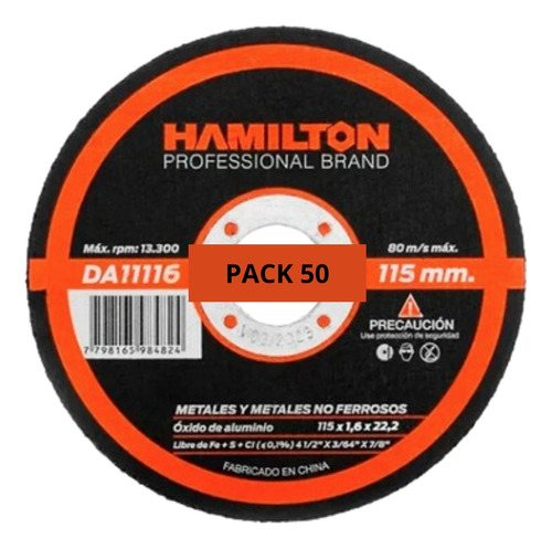 X50 Disco De Corte Abrasivo Hamilton 115x1,6mm Da1116 Metal