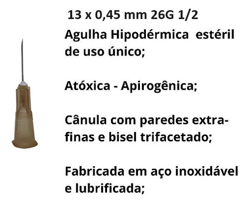 Agulha HiPodérmica 13x0,45mm 26g Descarpack Com 100 Unidades
