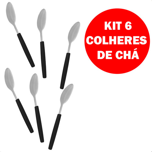 Conjunto 6 Colheres De Chá Aço Inox Com Cabo Pvc Preto Multiuso Profissional Cor Preto