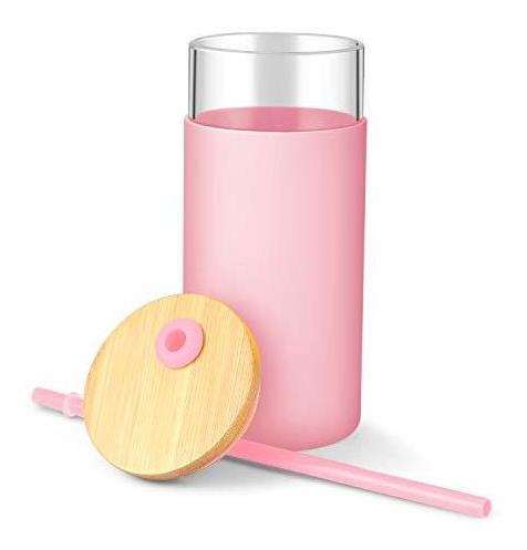 Vaso De Vidrio De 590ml Rosa Con Funda Protectora Silicona