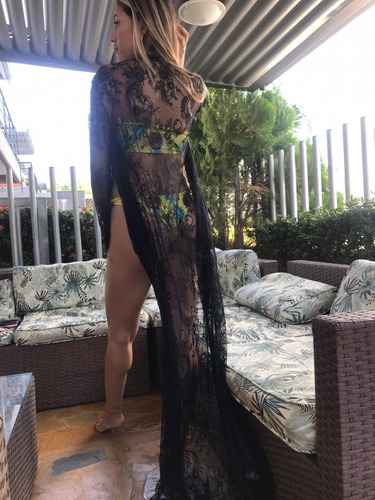 Salida De Baño Ropa Playa Pareo Mujer Maxi Encaje Negro