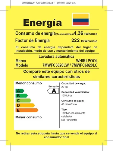 Lavasecadora Whirlpool 20 Kg 7mwfc6820lw
