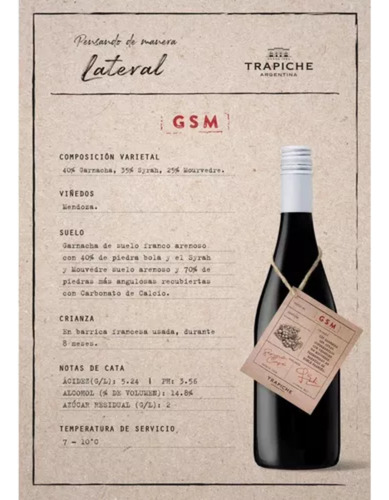 Vino Tinto Trapiche Lateral Gsm 750ml Mendoza