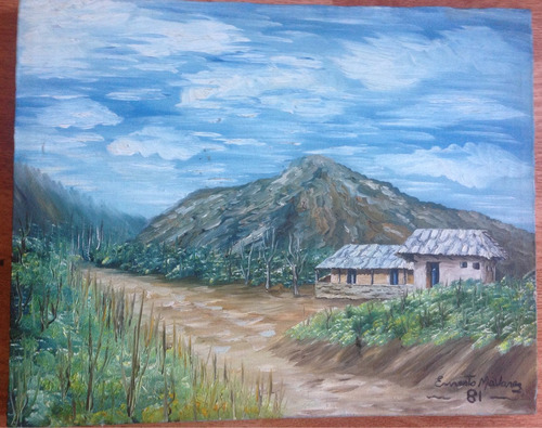 Pintura Ernesto Mavarez 1981 Paisaje Las 2 Casas Del Camino