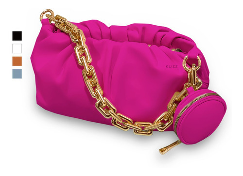 Bolso Klizz Chain Zipper para mujer, cuero, bloguero, tendencia, color rosa intenso, correa de hombro, patrón de tela, diseño suave