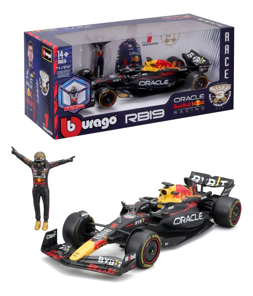 Bburago Red Bull Racing Rb19 com boneco Max Verstappen F1 2023 1/24