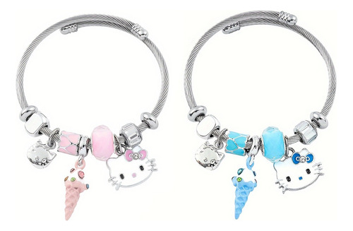 2pc Pulsera Brazalete Ajustable Con Dijes Charms Acero