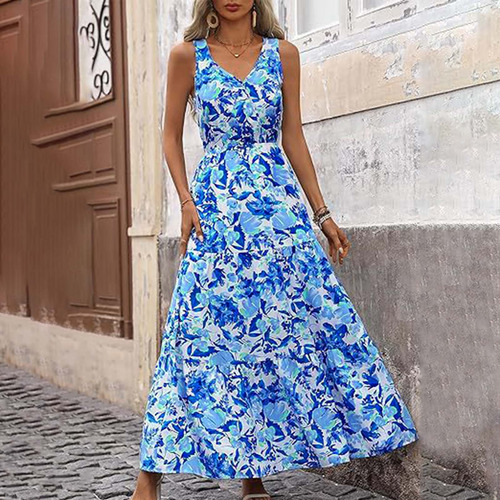 Cintura Elástica Plisada Casual Estampada Para Mujer, Cuello