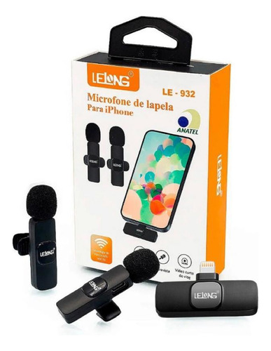 Microfone Lapela Duplo Sem Fio Compatível C iPhone E iPad Cor Preto
