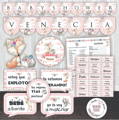 Kit  Imprimible Baby Shower Bosque Encantado Nena Rosa