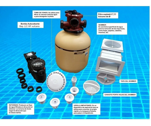 Combo Filtro Pileta Hormigón + Vc20 Bomba 1/2hp Vulcano 35m3