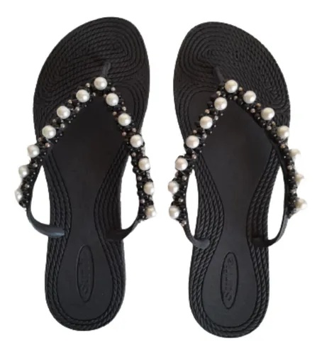 Ojotas Bordadas. Negro Beige Perlas. Delicadas. Talle 39 40