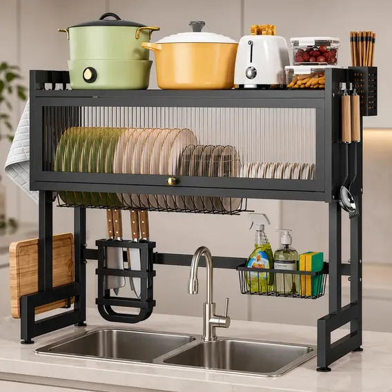 Escorredor De Louça Com Porta Pratos Talheres E Copos 65cm Preto