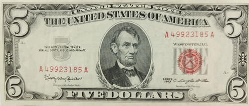 Billete 5 Dollares Usa Sello Rojo Lincoln 1963 Sk01