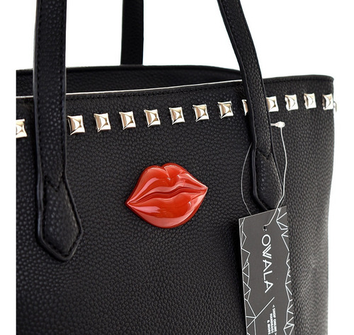 Imagen 3 de 6 de Cartera Las Oreiro Cuero Sintetico Grande Mujer Tachas Negra